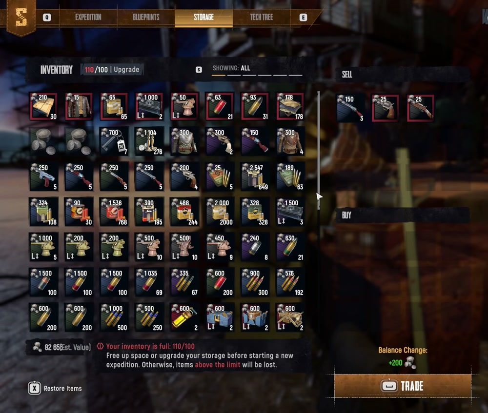 Full inventory and shop screen
