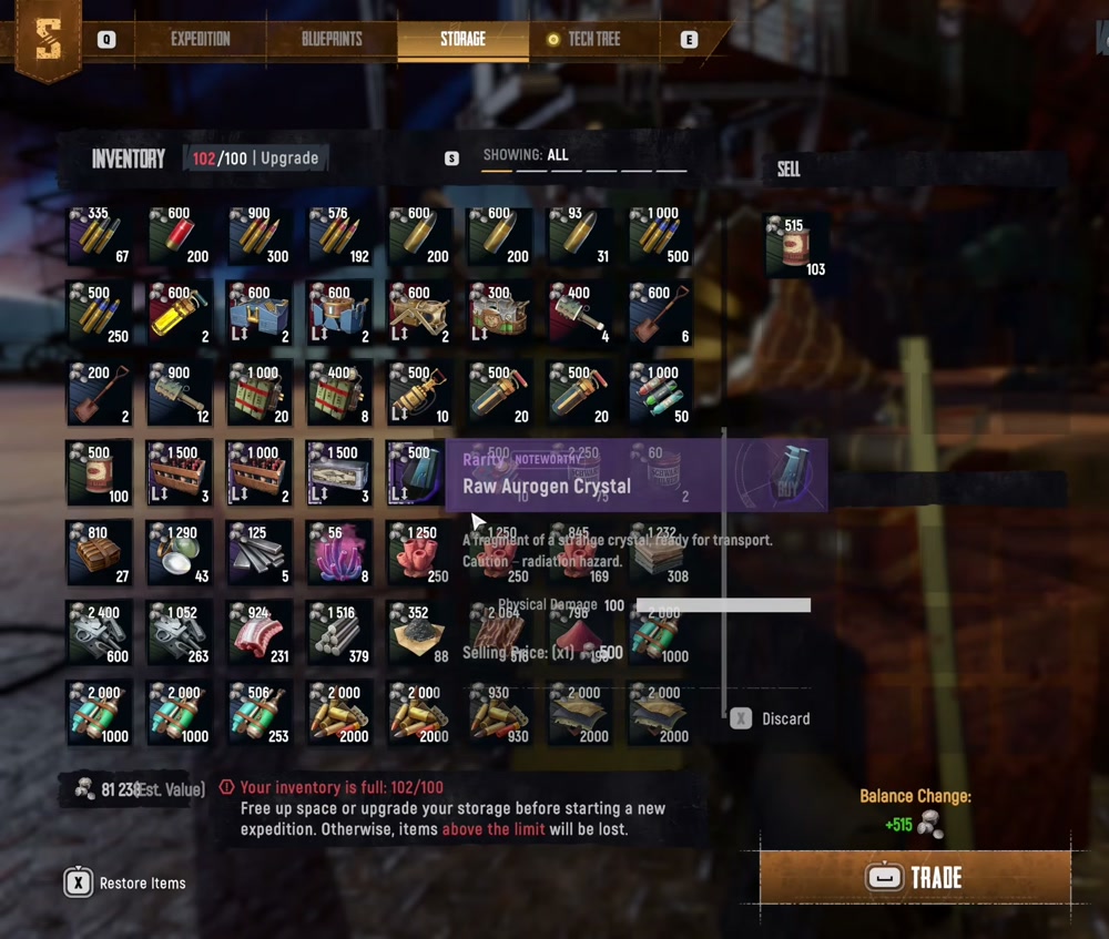 Trade screen showing selected item and balance change